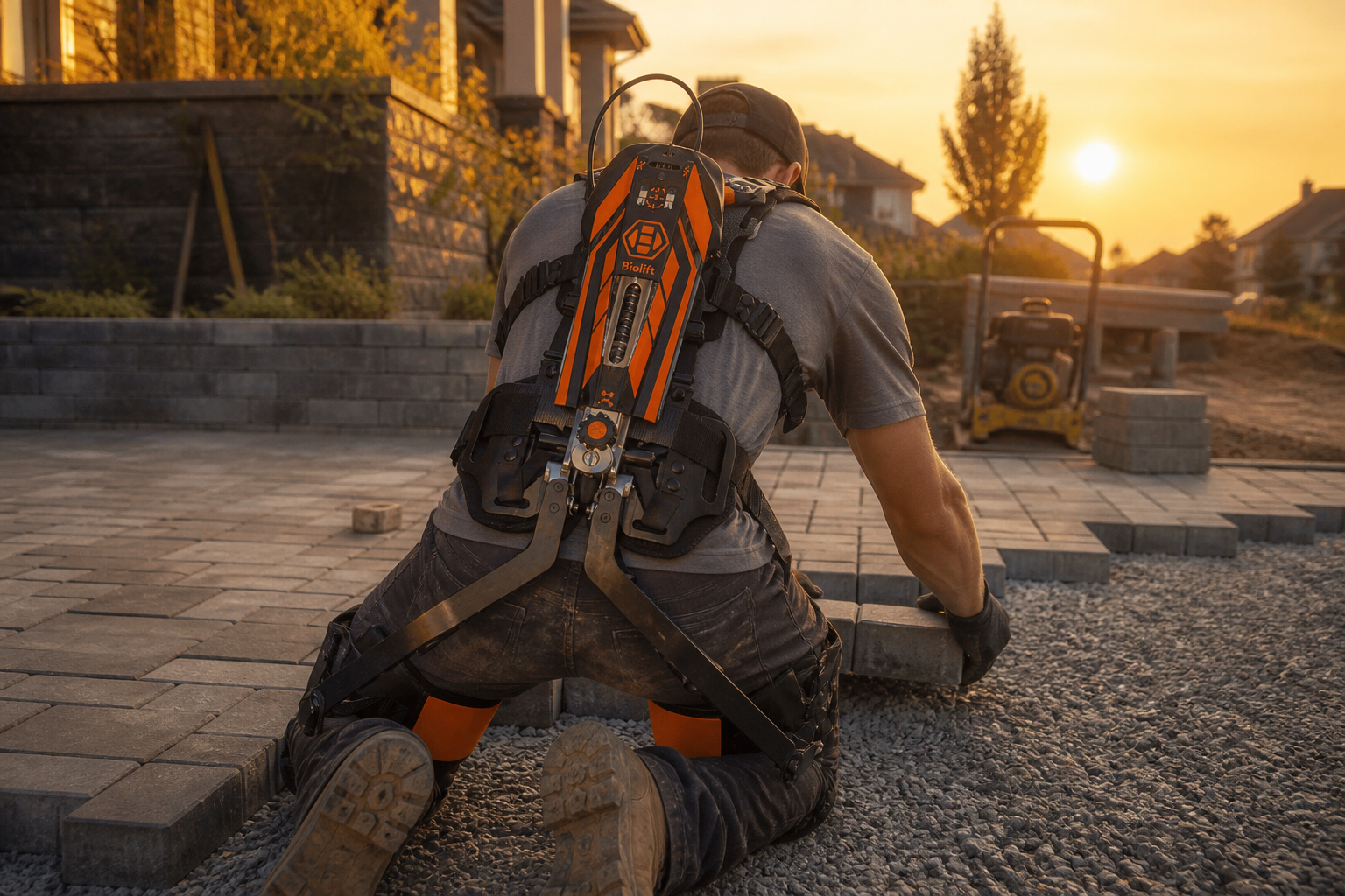 Exosquelette Biolift orange et noir porté par un poseur de pavé