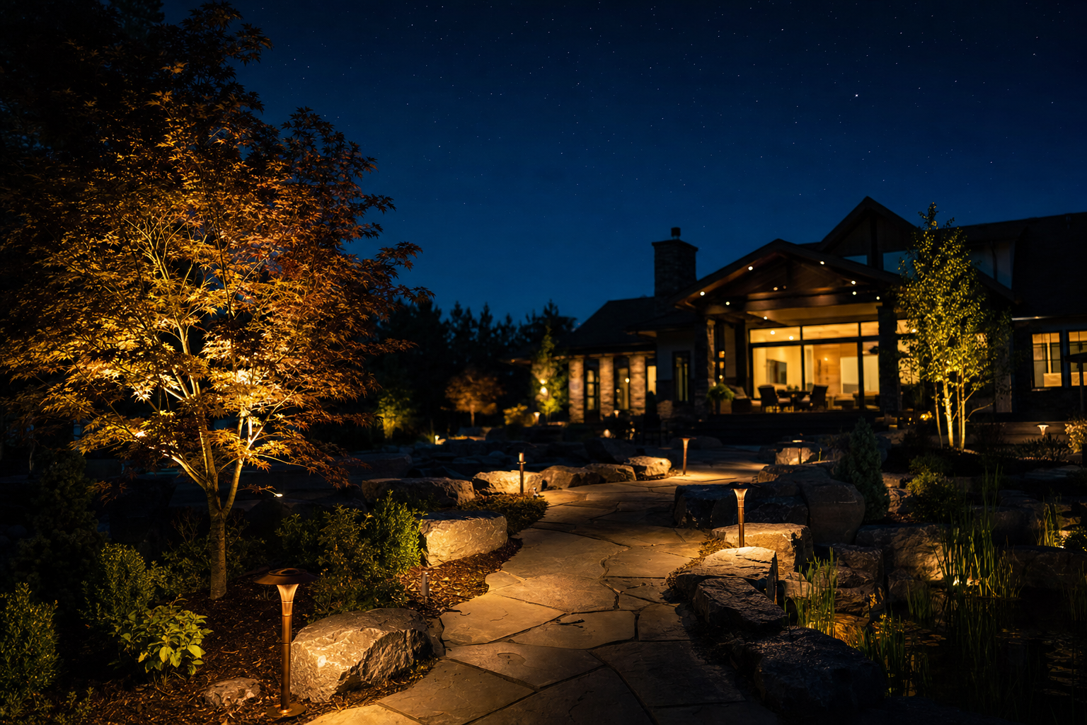Jardin résidentiel illuminé la nuit par un éclairage chaud In-Lite, érable rouge et allée en pierre