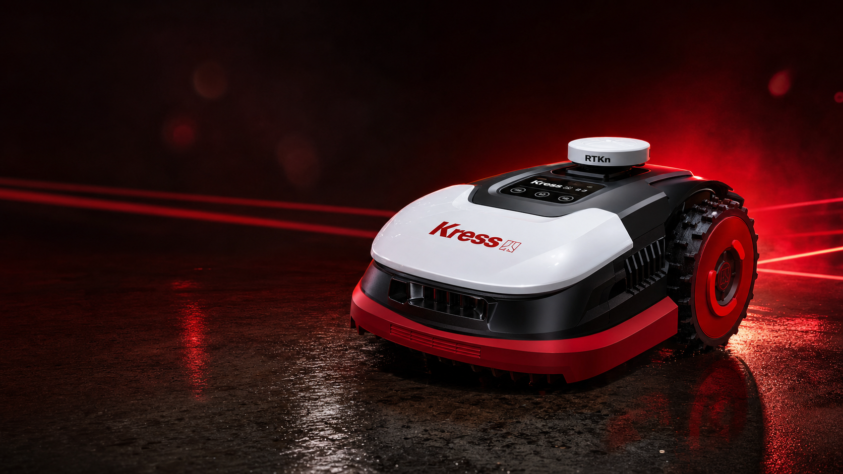 Robot tondeuse Kress rouge sur fond noir avec traînées de lumière rouge