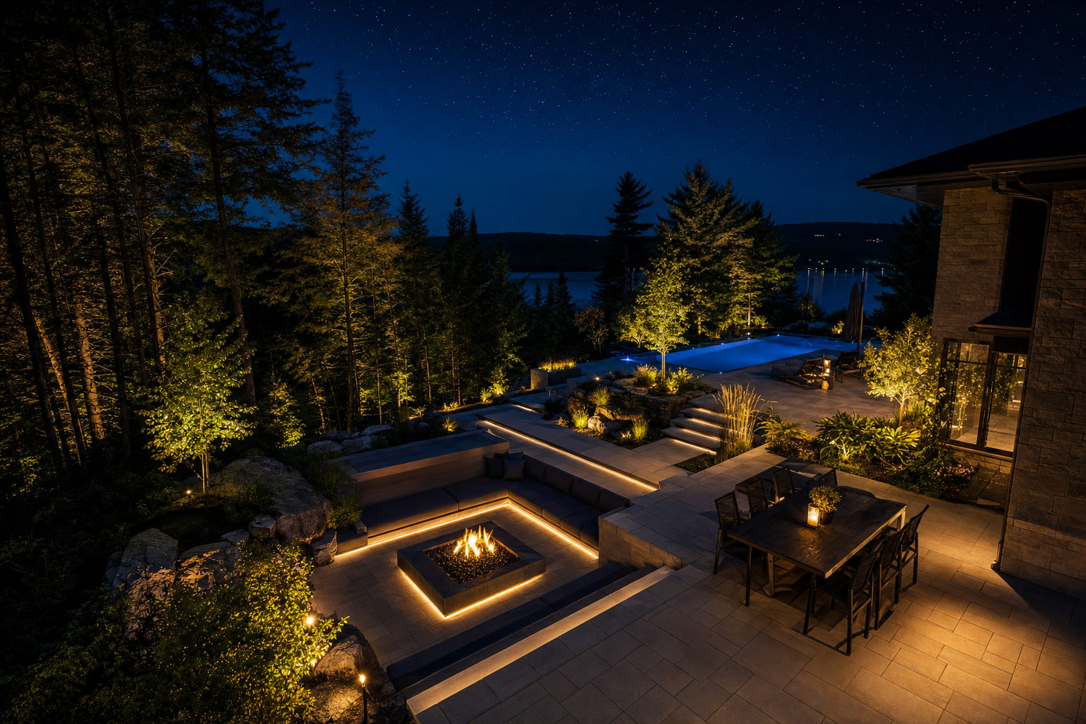 Patio nocturne mis en valeur par l'éclairage paysager In-Lite