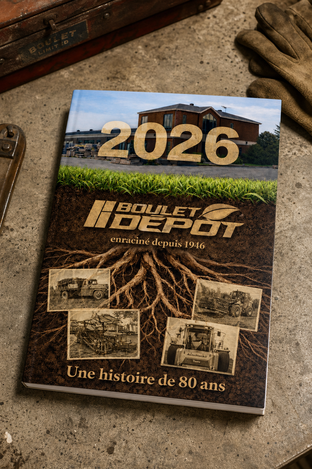 Catalogue imprimé Boulet Dépôt 2026 posé sur un établi de béton