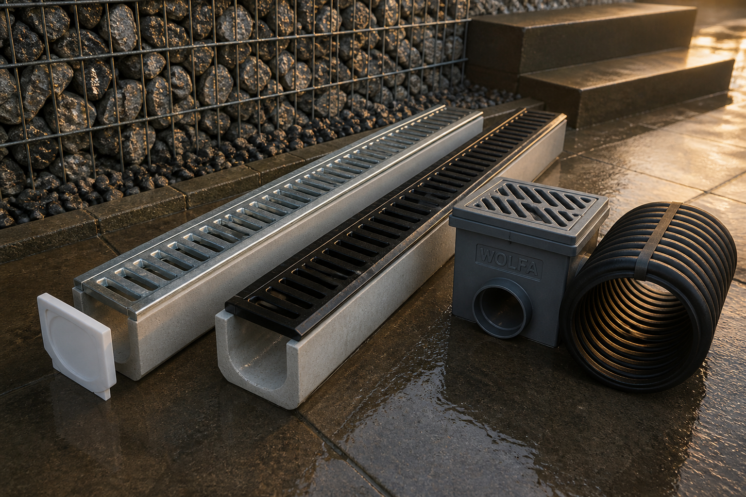 Canniveau de drainage à grille fonte et drain perforé