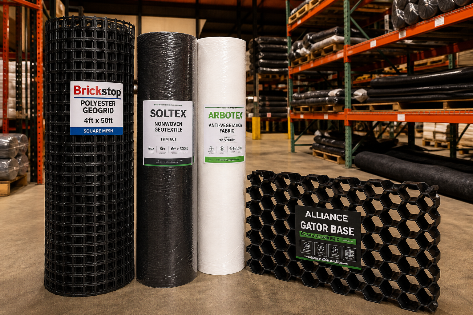 Rouleaux de géogrille et de géotextile en dépôt